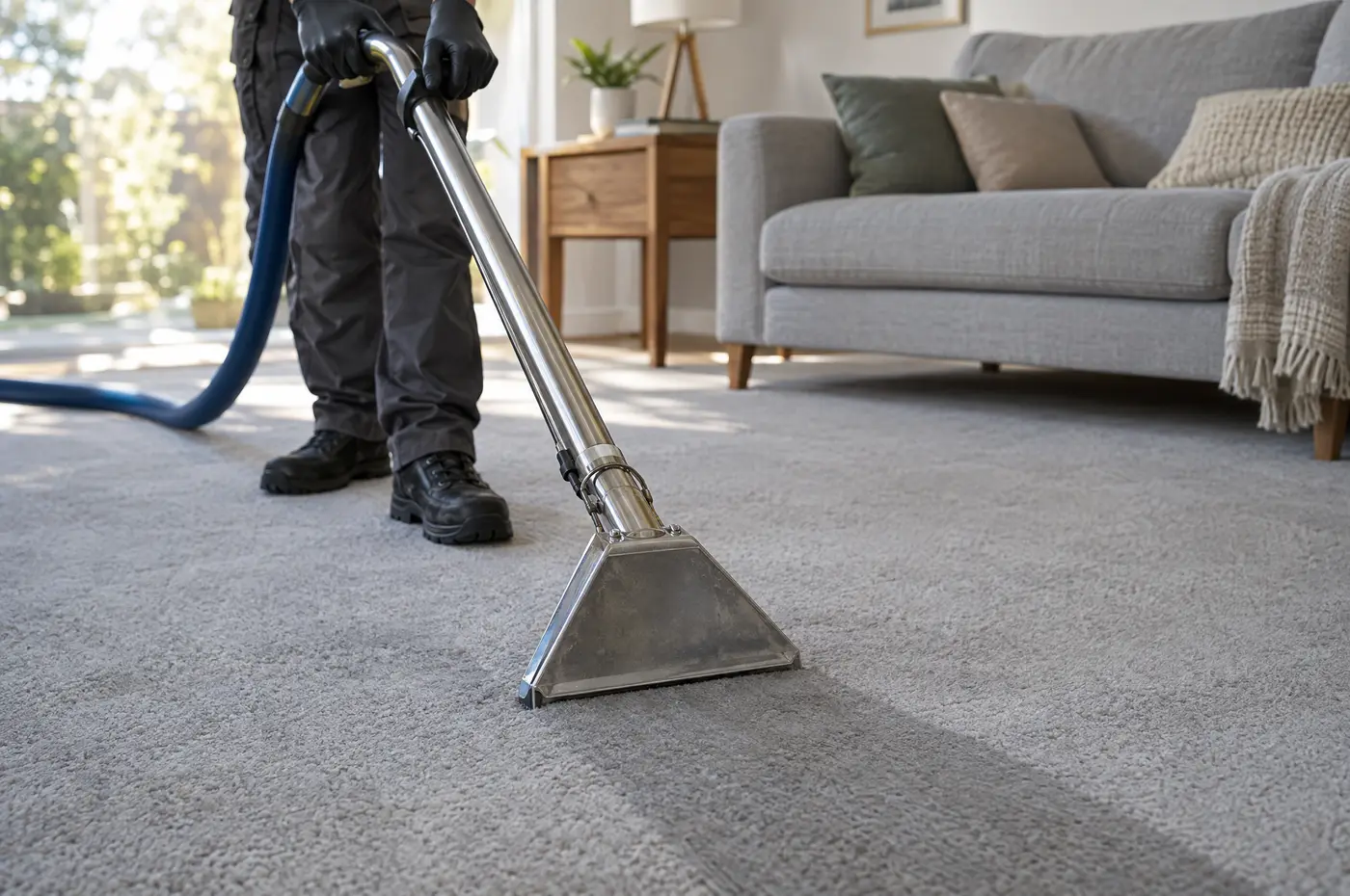 Carpet cleaning wand being passed over light grey carpet in a living room