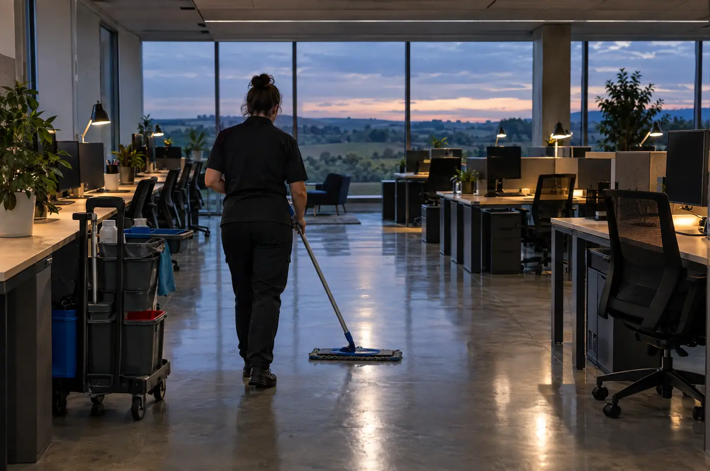 Cleaner mopping the polished concrete floor of an open-plan office at dusk