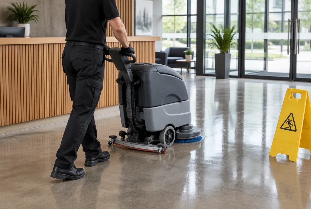 Cleaner running a floor scrubber across the polished concrete lobby of a commercial building