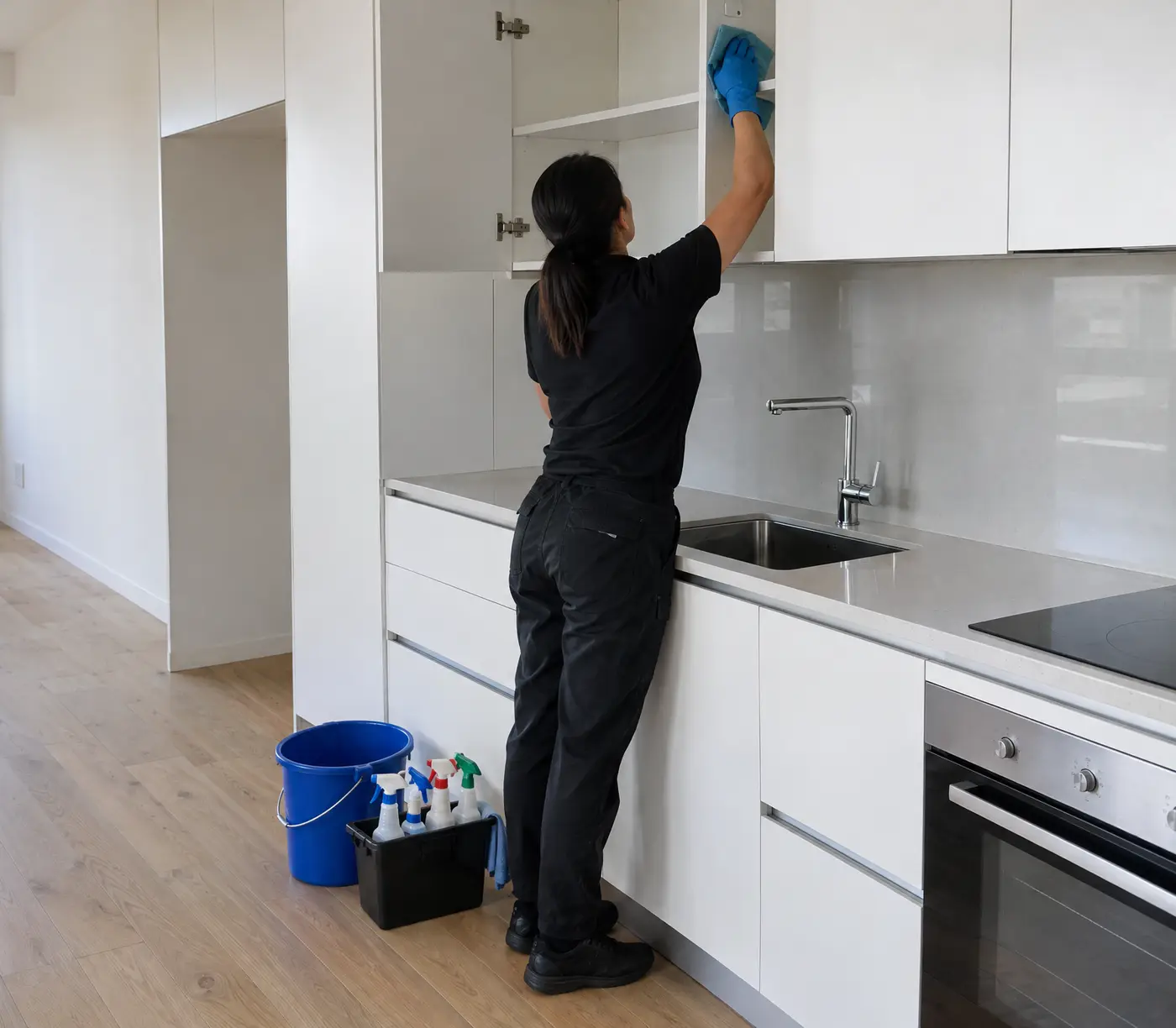 Cleaner wiping inside a kitchen cupboard in an empty rental apartment