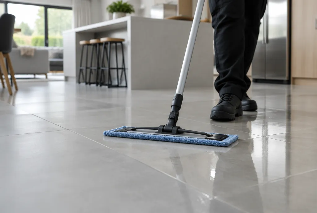 Flat microfibre mop cleaning large grey porcelain floor tiles in an open-plan home