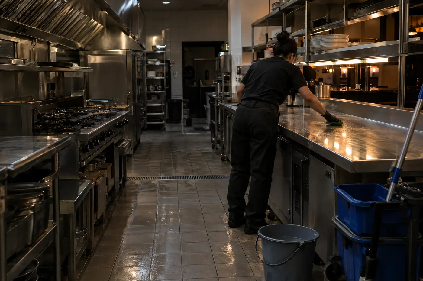 Cleaner scrubbing a stainless steel bench in a commercial restaurant kitchen after close