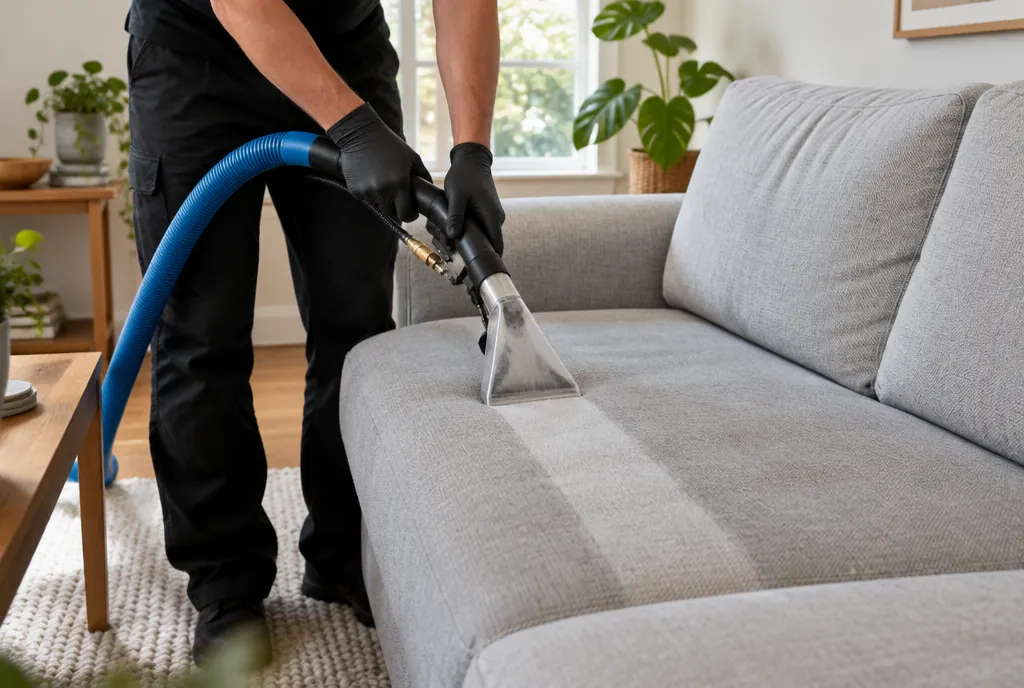 Cleaner running an upholstery cleaning tool across the seat of a light grey fabric couch