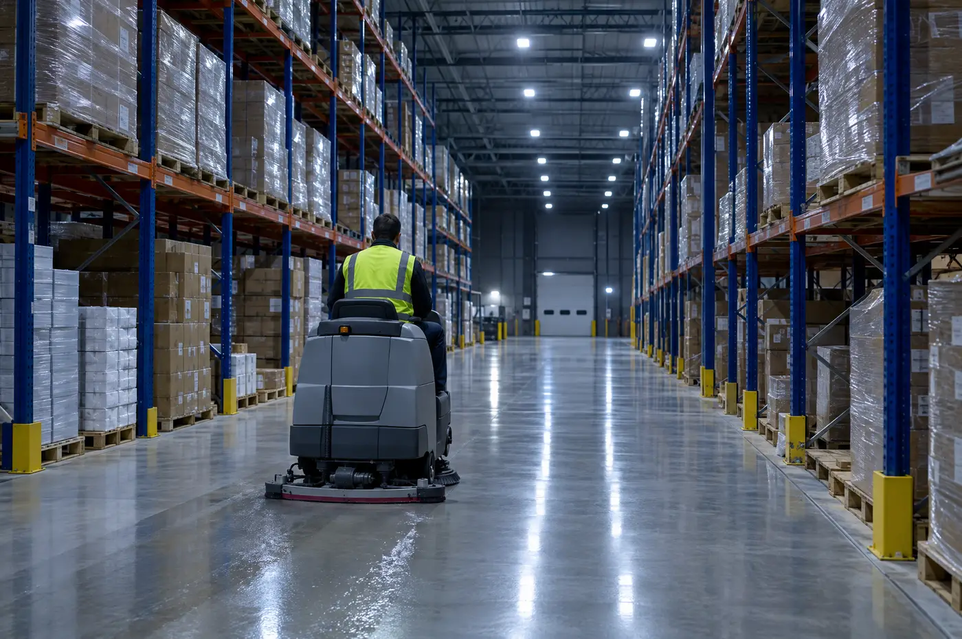 Floor scrubber cleaning a wide warehouse aisle between tall pallet racking