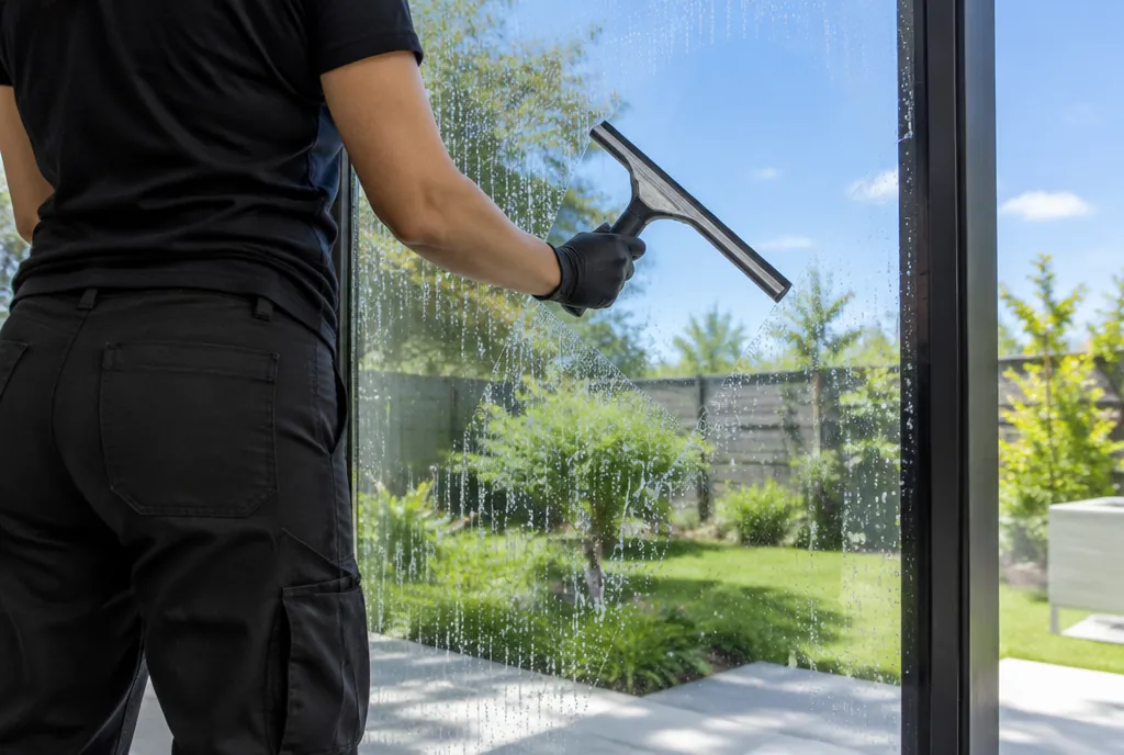 Cleaner drawing a squeegee across a soapy glass sliding door with a garden outside